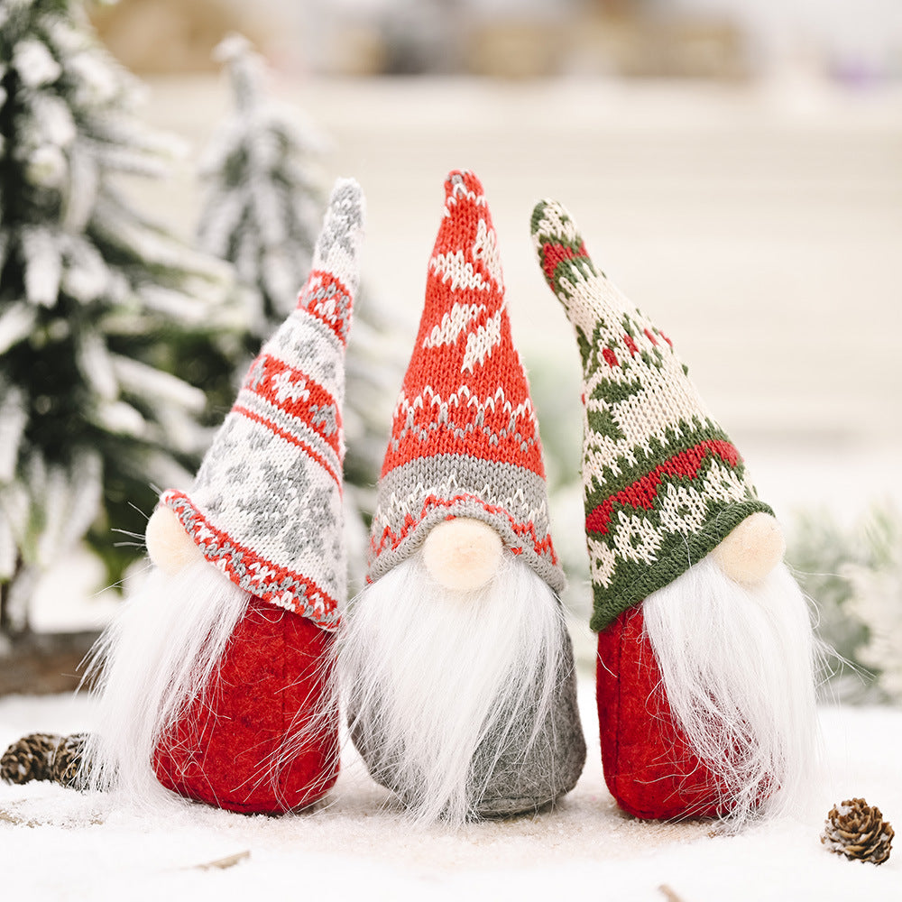 Close-up view of Snowflake Knitted Hat Forest Doll Model A ornament