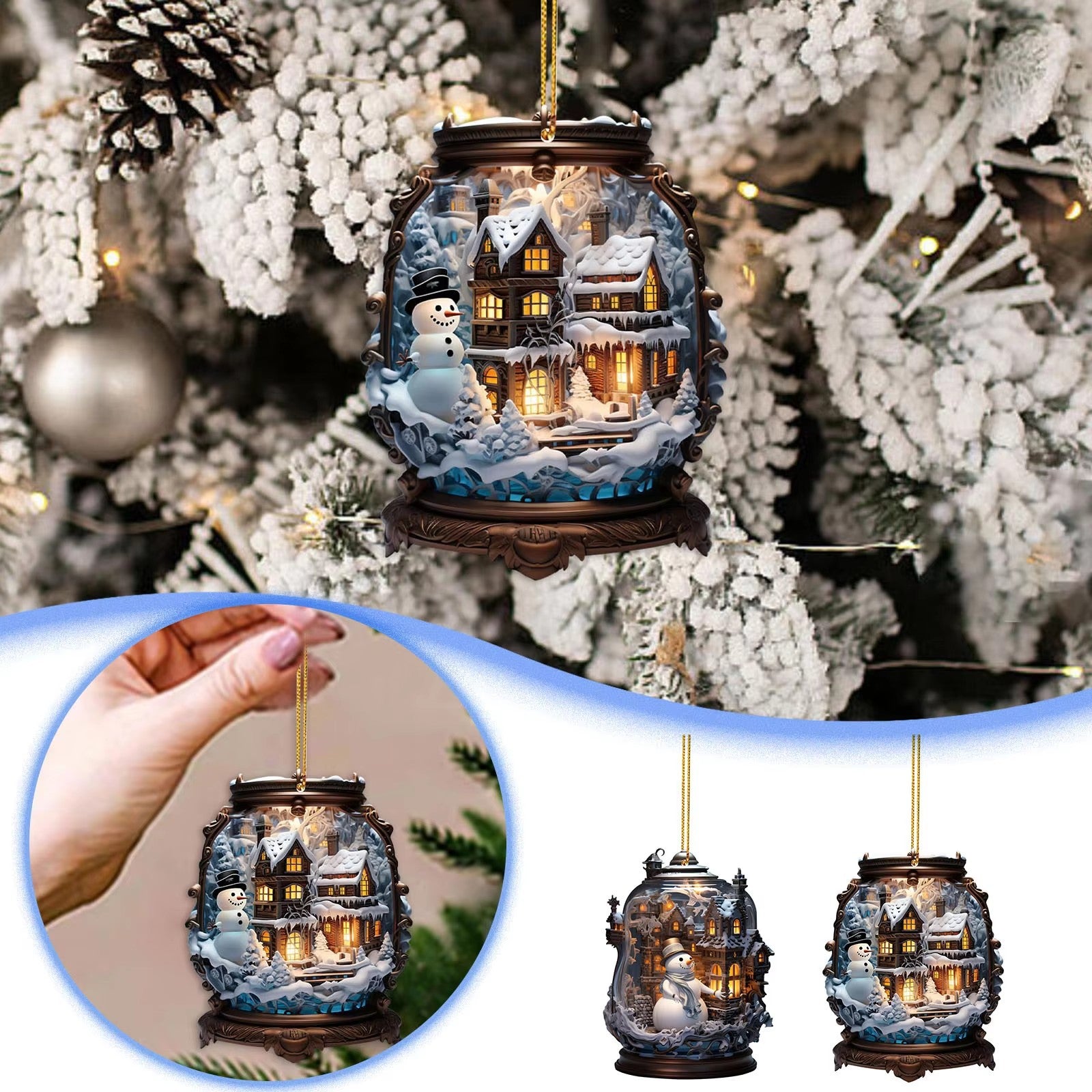 Modern flat acrylic snowman pendant detail view for Christmas decorating