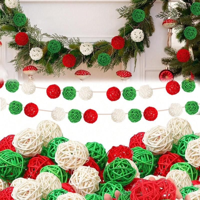 Set of Christmas rattan wicker balls arranged in a decorative bowl with festive greenery