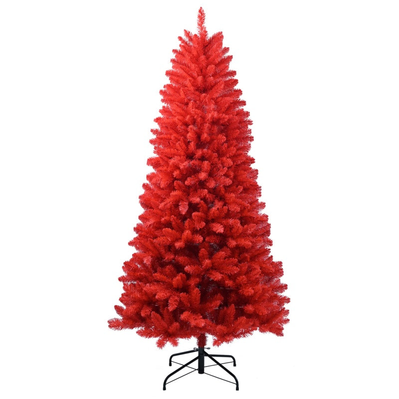 Red Christmas tree in a church fellowship hall surrounded by gift boxes and candlelight