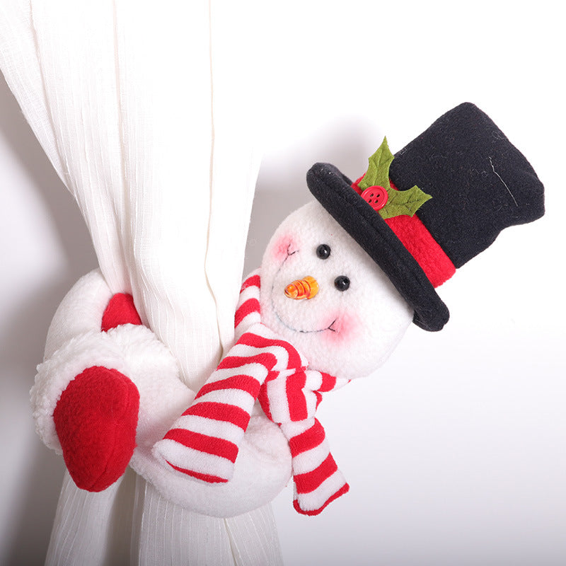 Snowman curtain buckle with velcro closure in festive setting