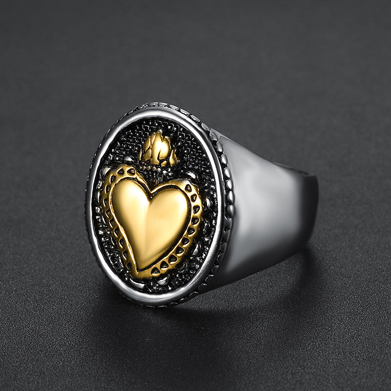 Sacred Heart and cross ring with vintage biker aesthetic