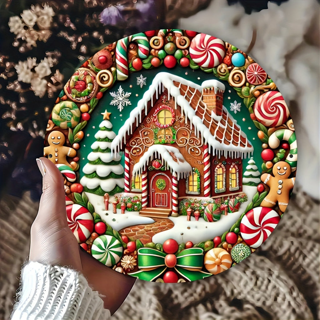 Delightful candy and gingerbread round wooden door plate decoration
