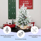 Snow flocking detail on green artificial Christmas tree branches