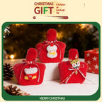 Close-up of plush candy bag texture showing festive Christmas details