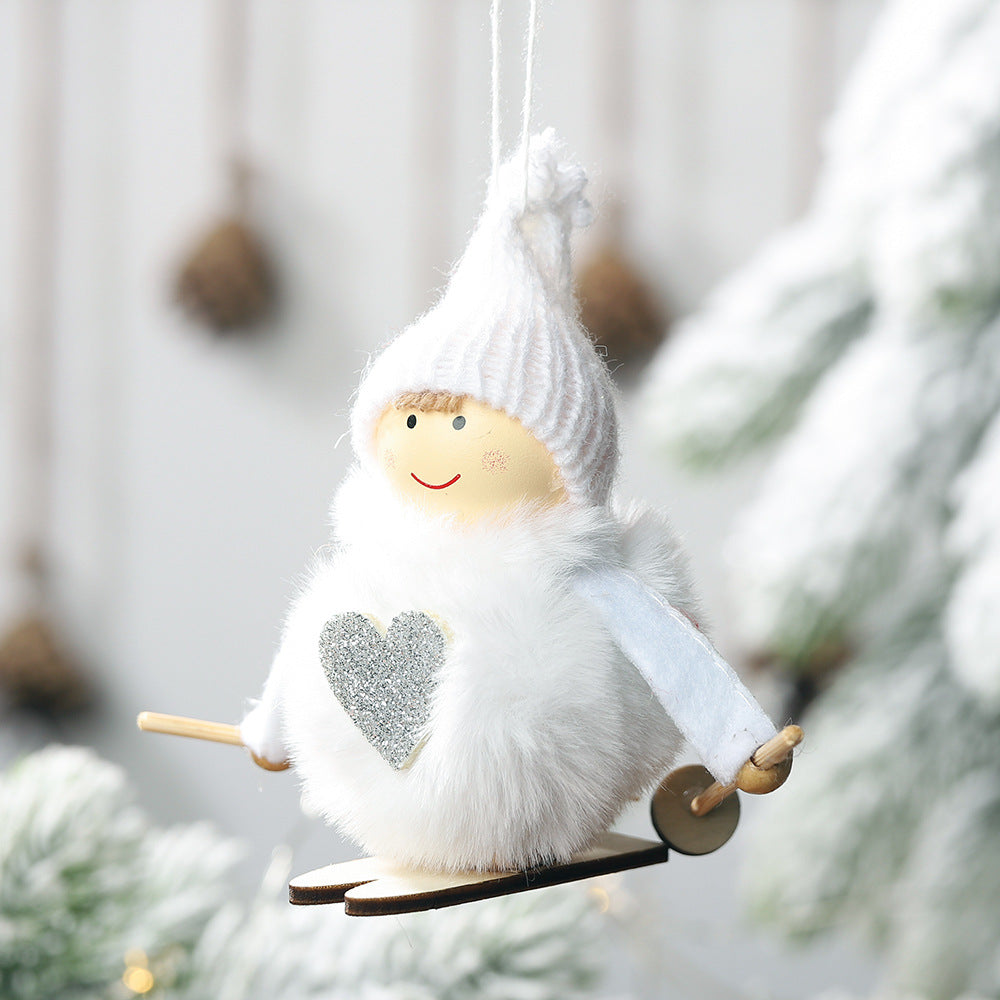 White pompom doll holiday pendant hanging decoration for Christmas tree display