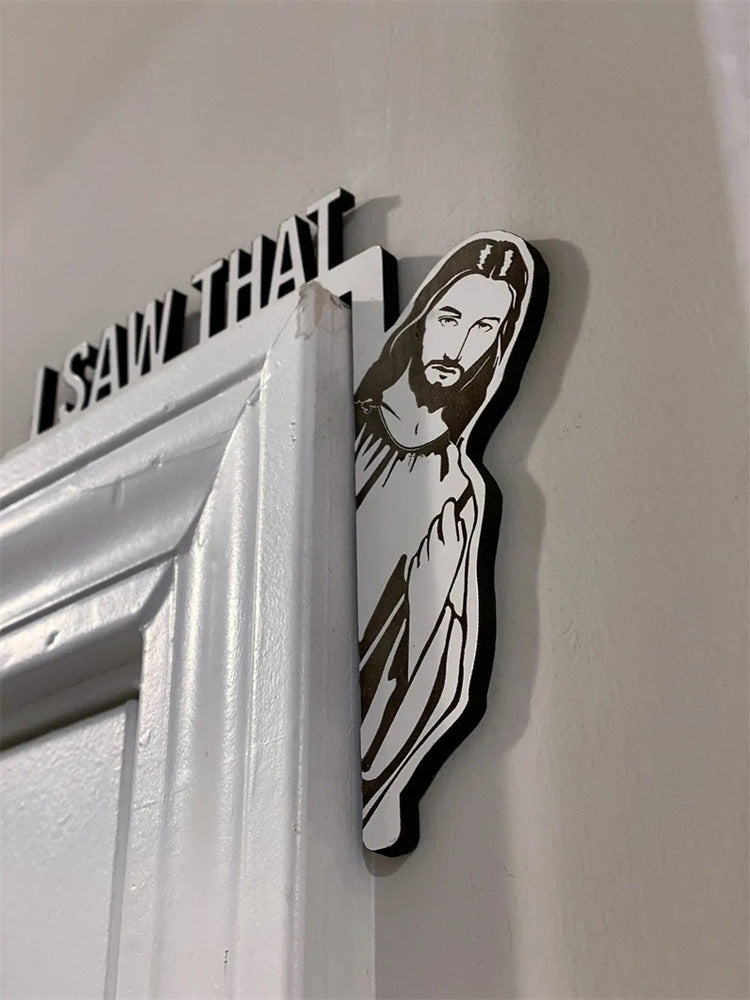 Wooden door frame ornament with humorous holiday characters featuring Jesus and Santa elk figures