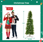 Prelighted pencil Christmas tree standing in a living room setting with wrapped gifts beneath