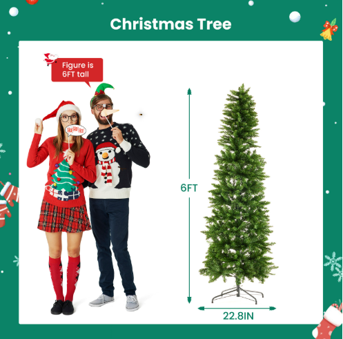 Prelighted pencil Christmas tree standing in a living room setting with wrapped gifts beneath