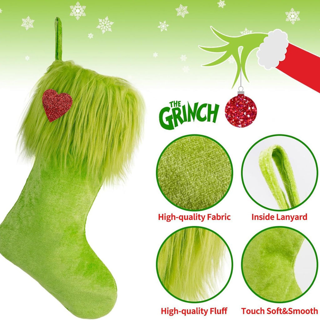 Green and red plush Christmas stocking ornament as festive seasonal decoration