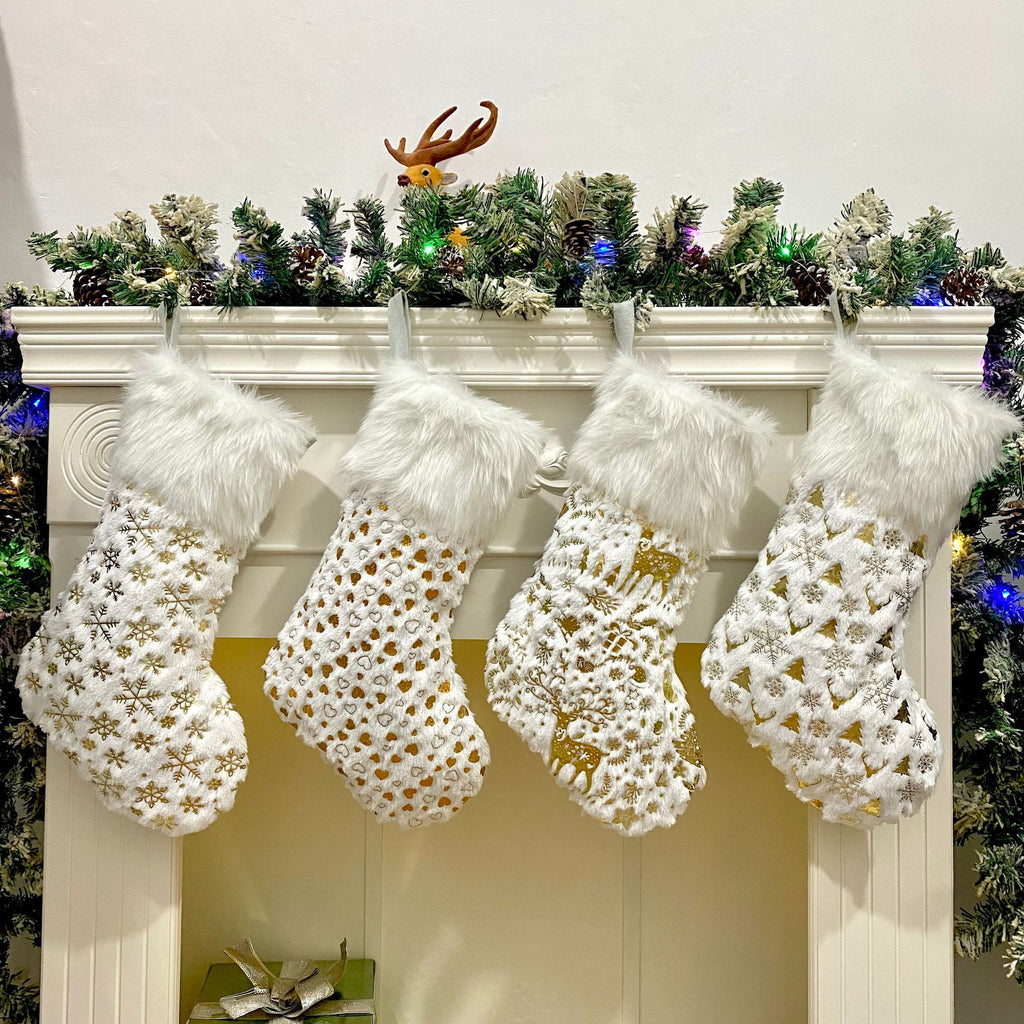 Close-up of soft plush Christmas stocking decoration showing gilding detail