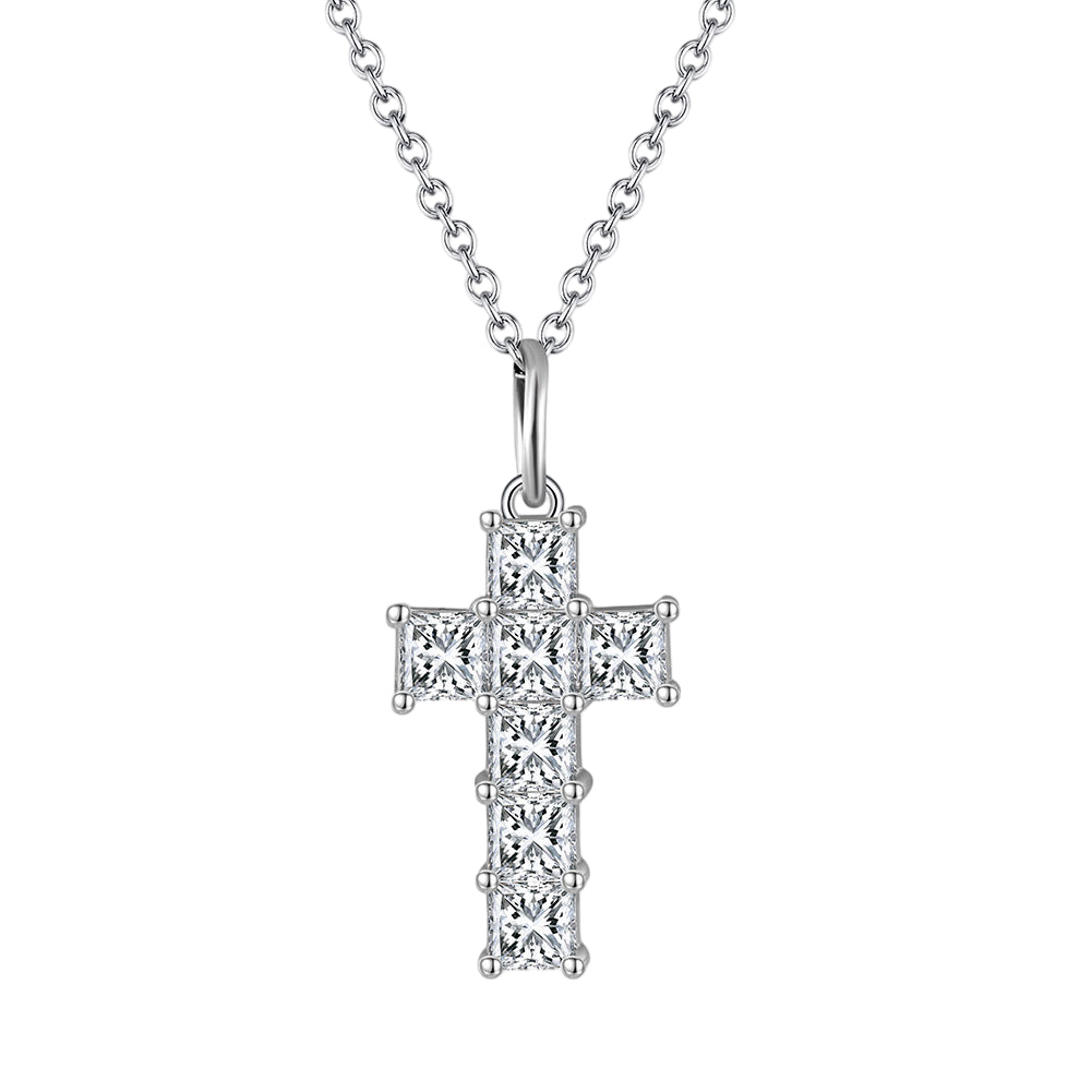 Faith-inspired sterling silver necklace with cubic zirconia cross pendant, side profile