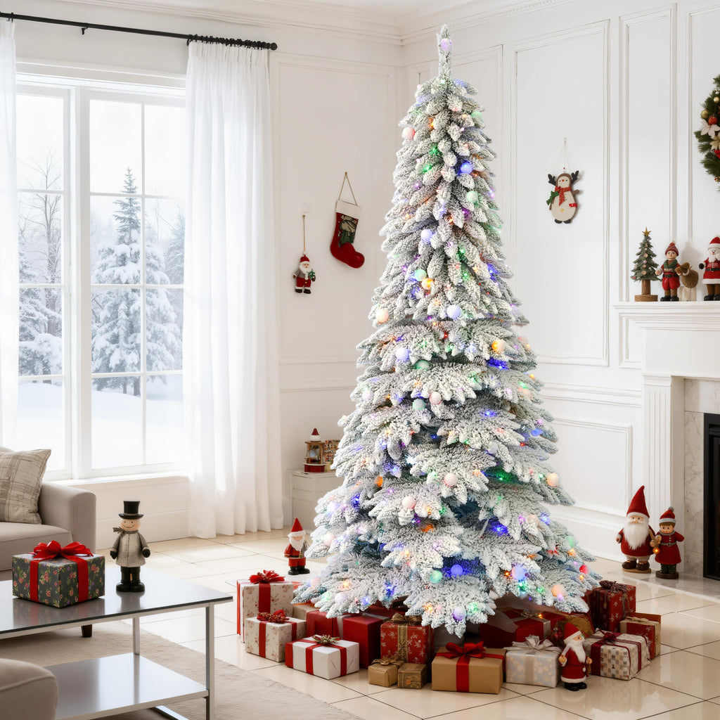 Flocked branches catching light from LED bulbs for warm holiday glow effect