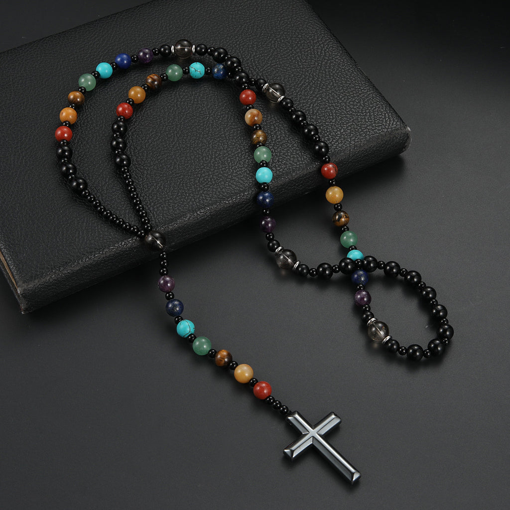 Adjustable beaded rosary necklace with geometric gemstone cross