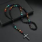 Adjustable beaded rosary necklace with geometric gemstone cross