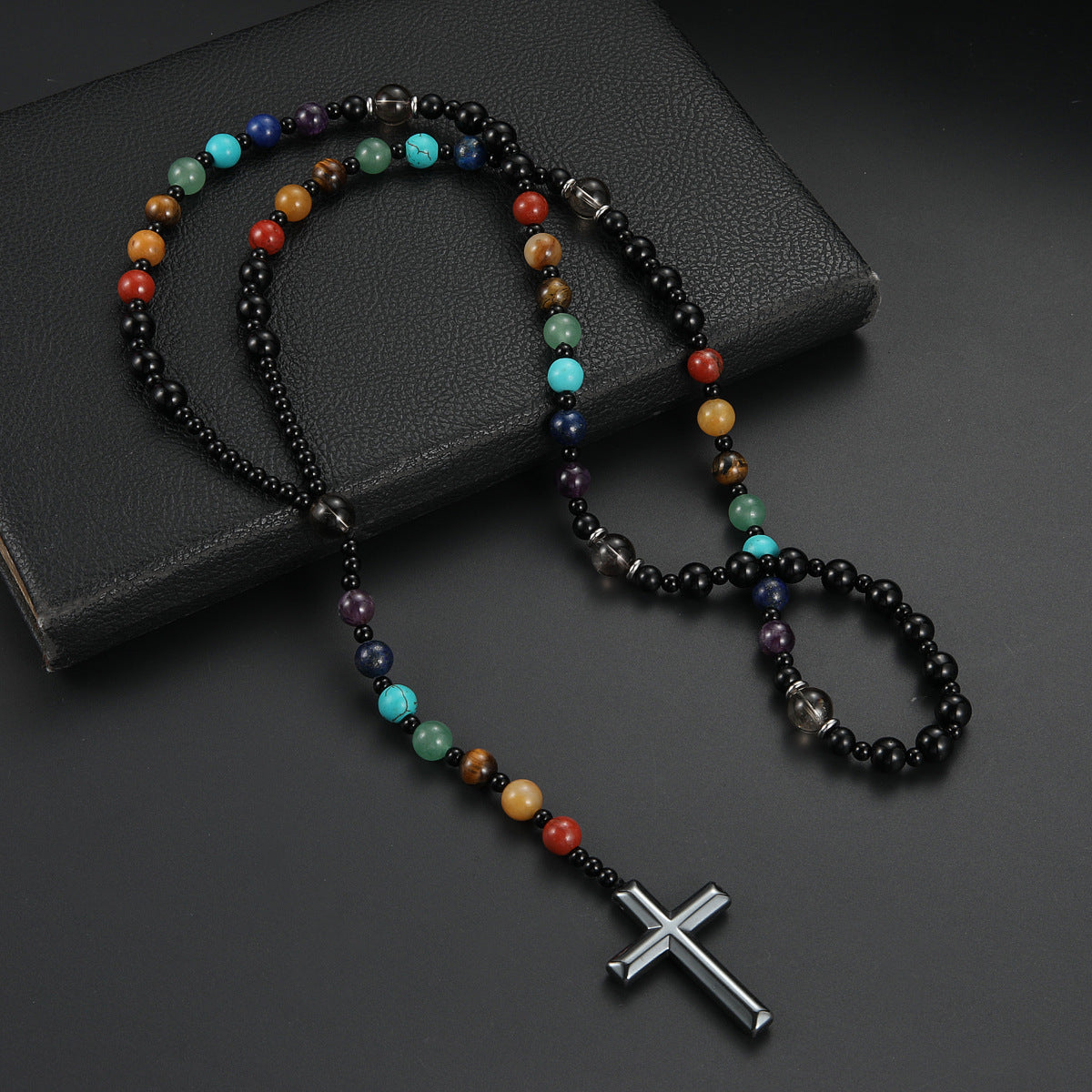 Adjustable beaded rosary necklace with geometric gemstone cross