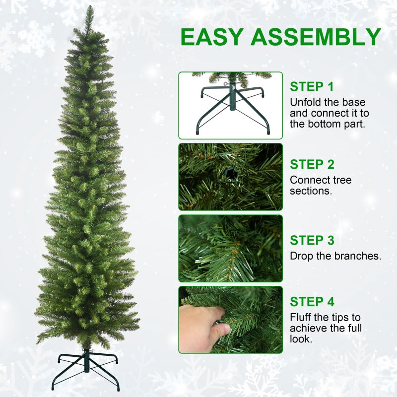 Green pencil Christmas tree with ornaments and lights in festive setting