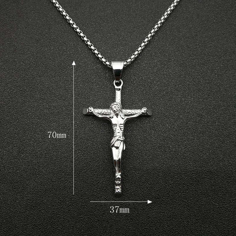 Stack of individually packaged titanium steel cross necklaces