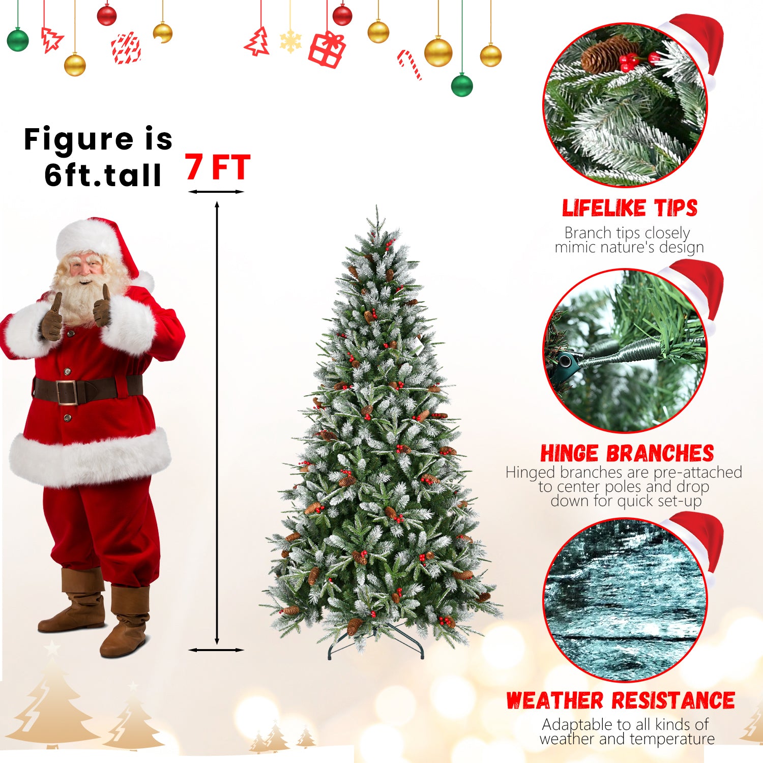 Evergreen Christmas tree with natural pine cone and berry details