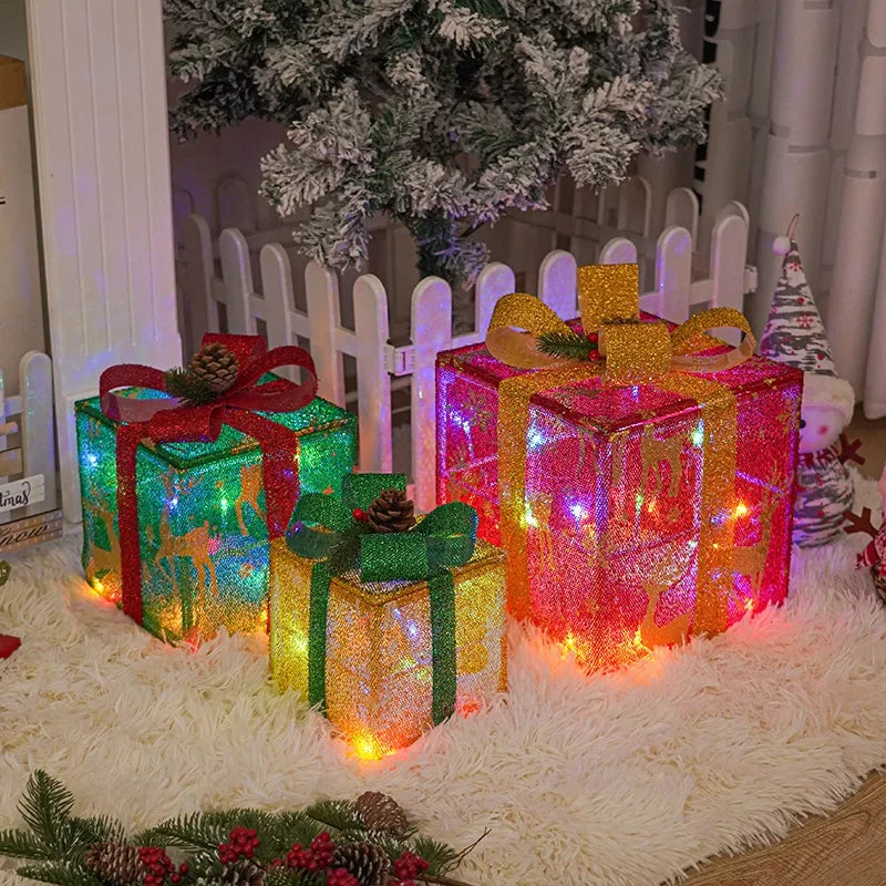 Christmas gift boxes with bows and remote control for LED lights