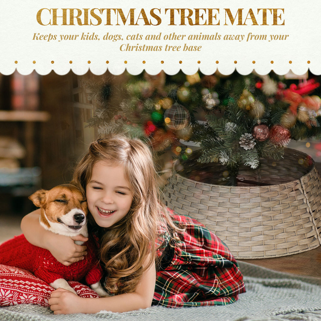 Coffee-colored woven tree collar with farmhouse holiday ornaments nearby