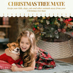 Coffee-colored woven tree collar with farmhouse holiday ornaments nearby