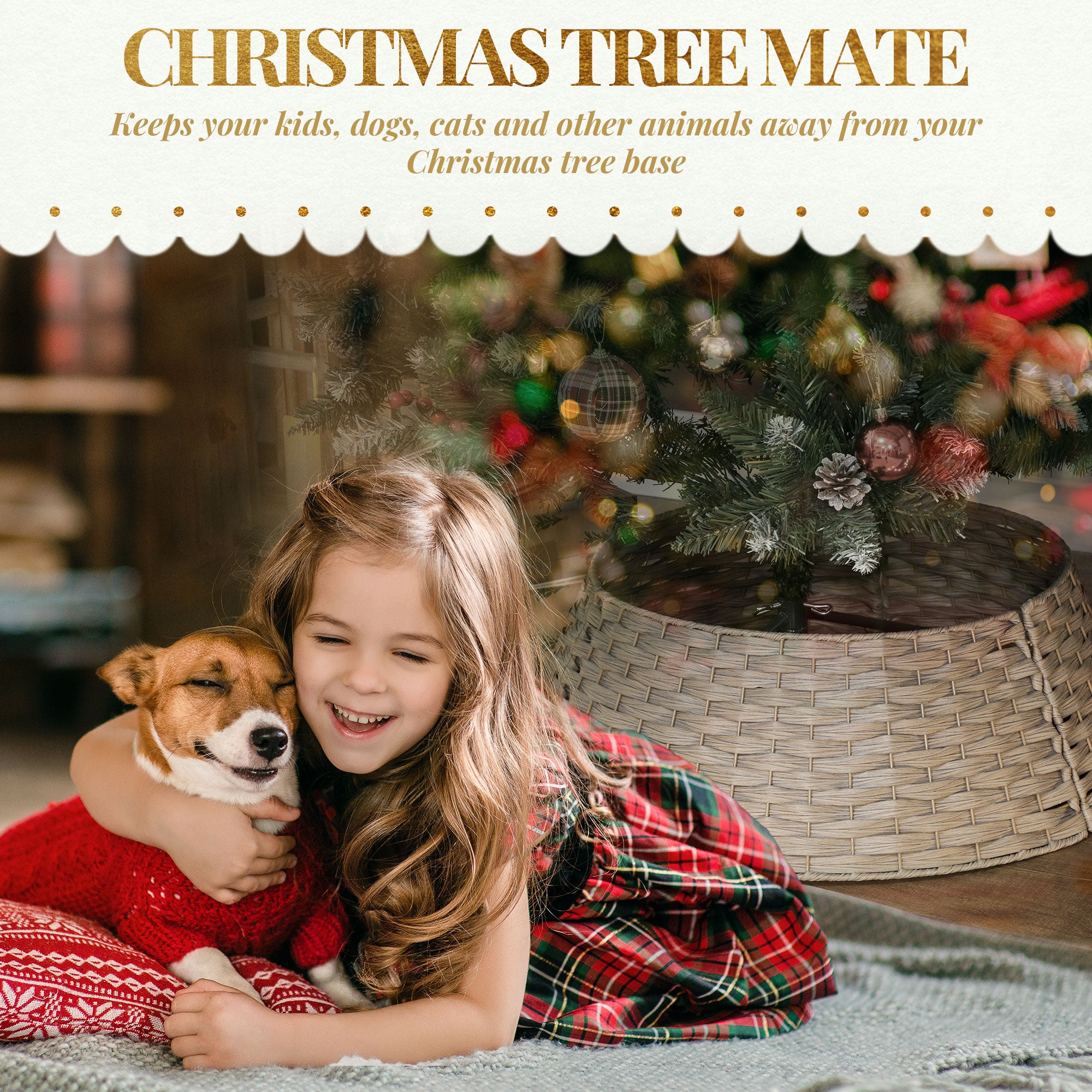 Coffee-colored woven tree collar with farmhouse holiday ornaments nearby
