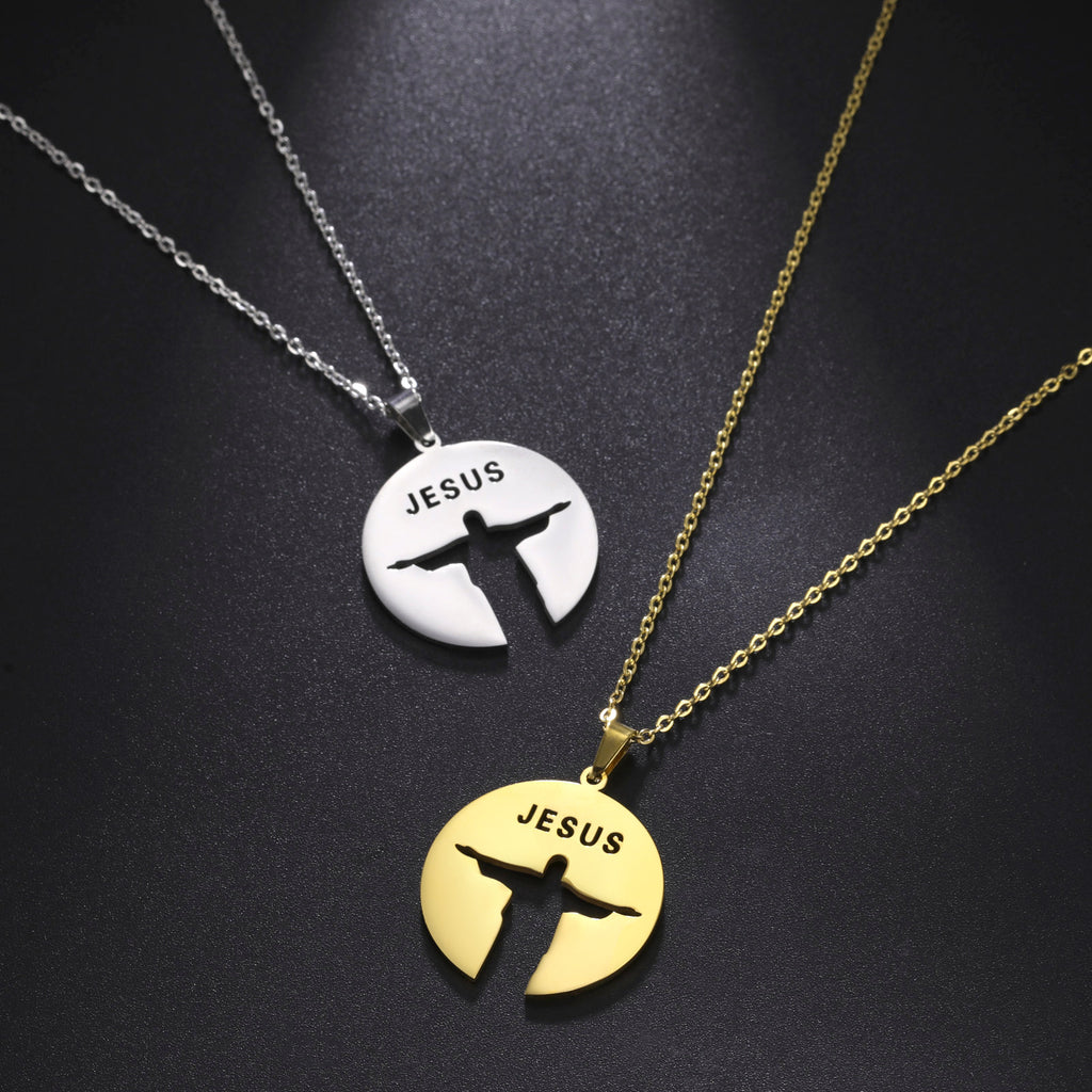 Gold-tone Jesus pendant worn by model