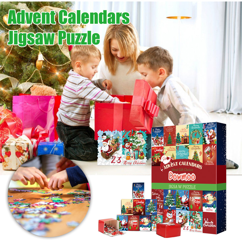 Christmas countdown calendar showing the outer storage box with puzzle models visible