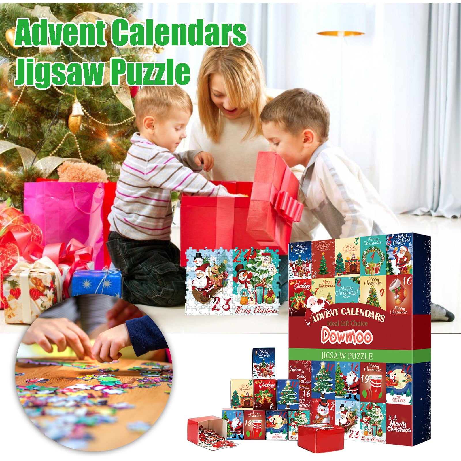 Christmas countdown calendar showing the outer storage box with puzzle models visible