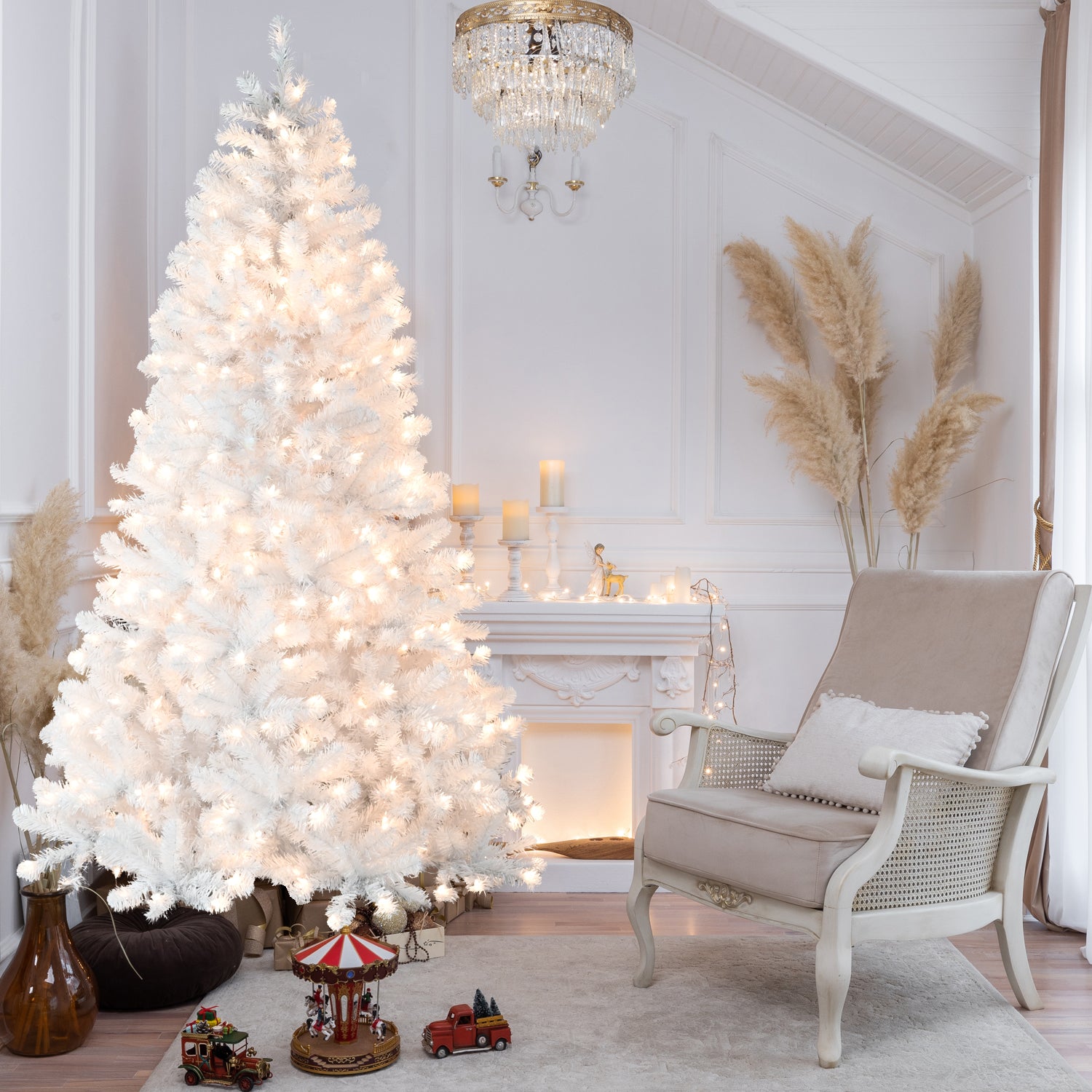 7.5ft white artificial Christmas tree with memory wire branches