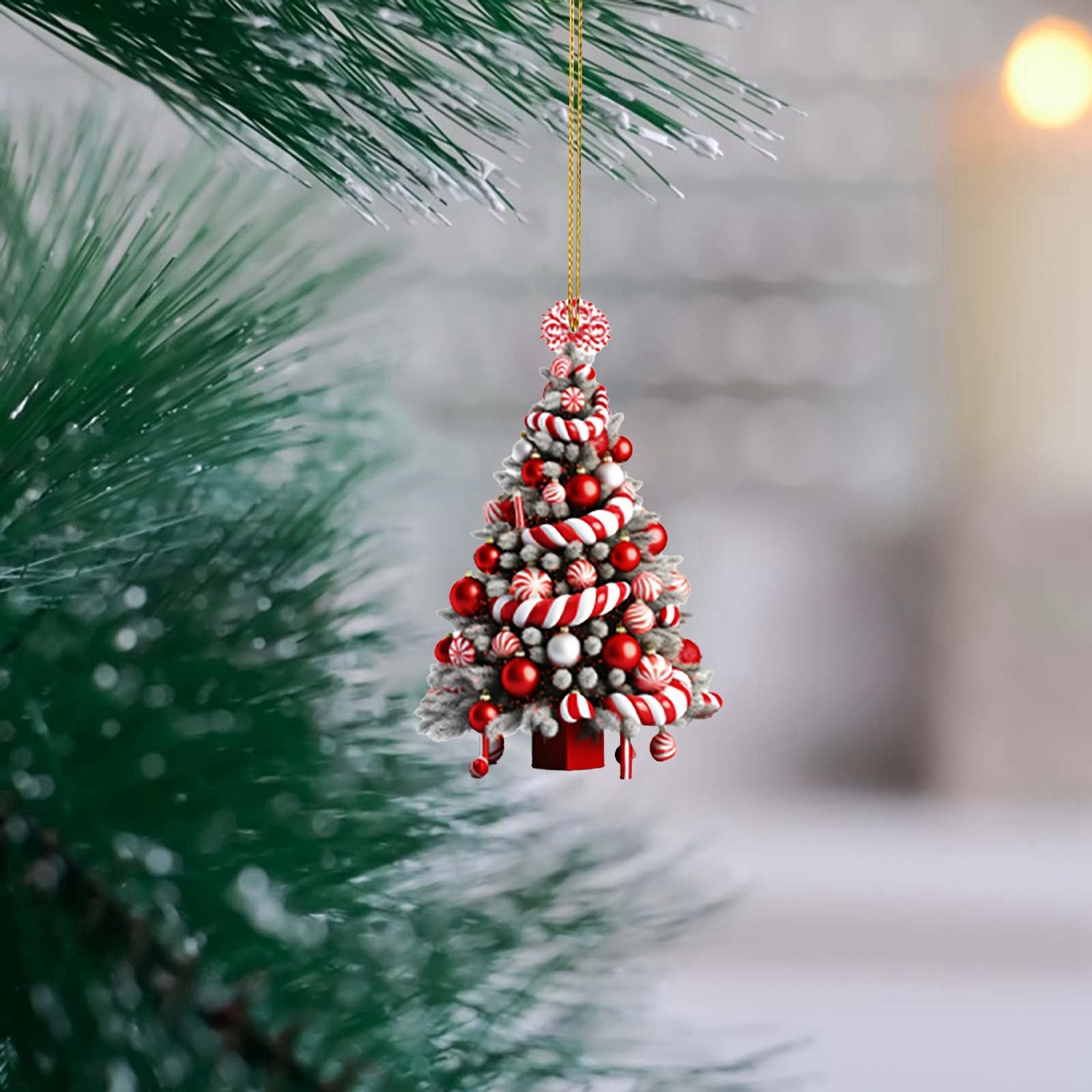 Flat lay of Christmas tree pendant decorations with festive background, ideal for faith Christmas gifts