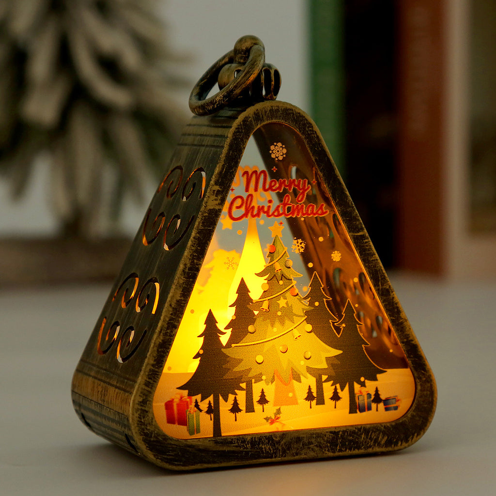 Retro candle lamp ornament illuminated showing warm holiday ambiance
