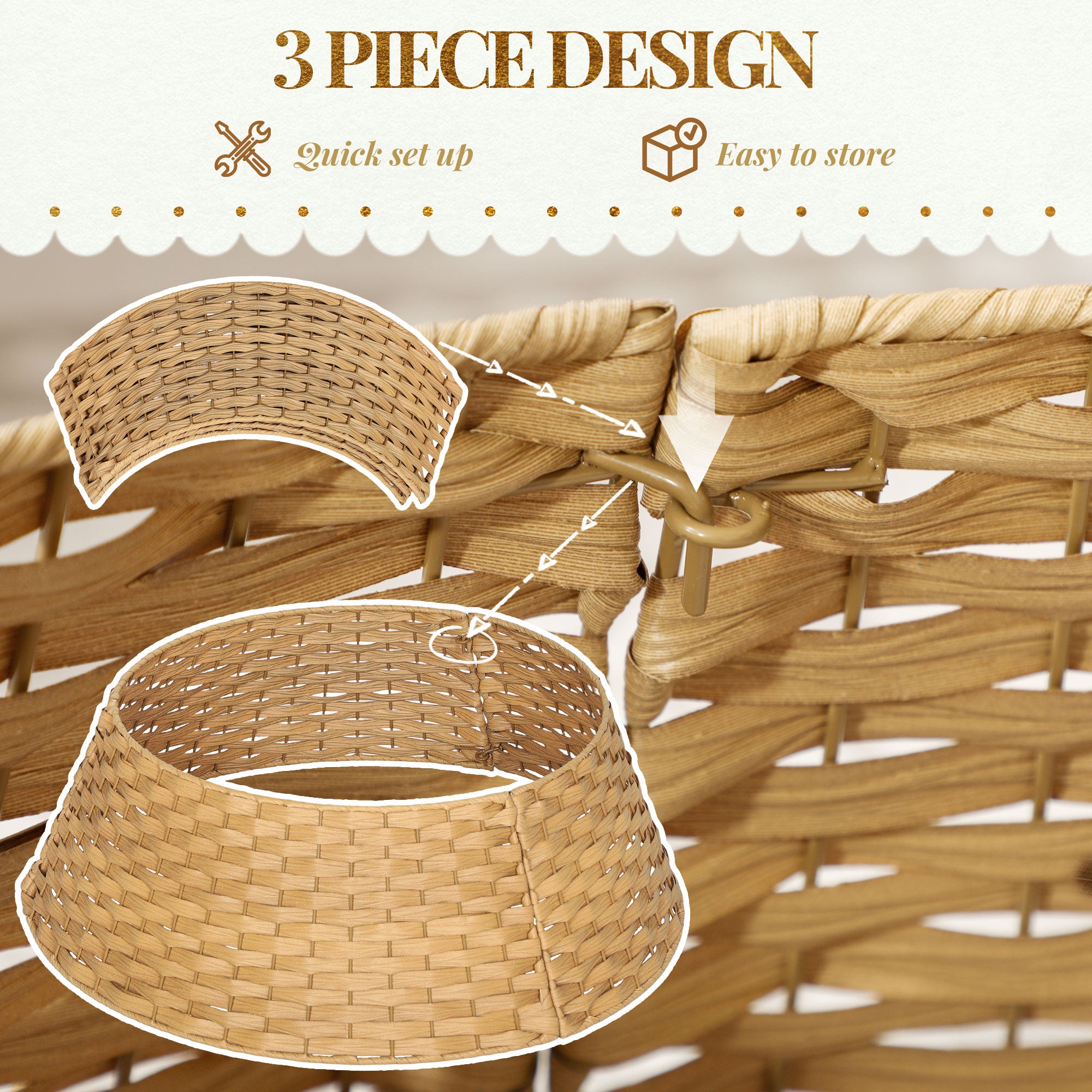 Christmas tree collar three-panel assembly with metal rings on festive decorated tree