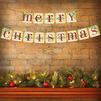 Close-up of paper Christmas flag banners with retro holiday design details