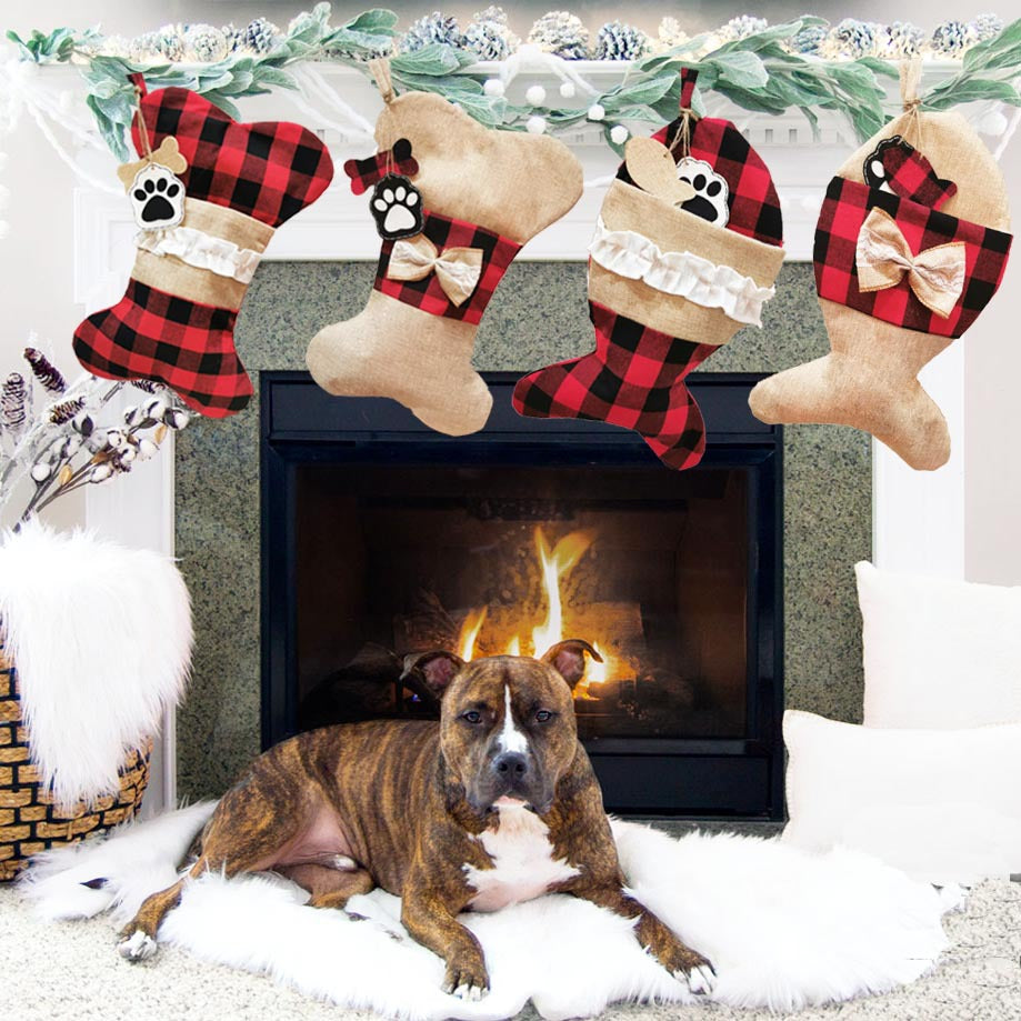 Linen-style Christmas pet socks featuring bone and fish patterns