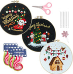 Round Christmas pendant design featuring Santa Claus with sled on wooden table surface