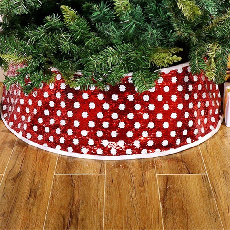 Sequined tree skirt detail showing bead cloth texture