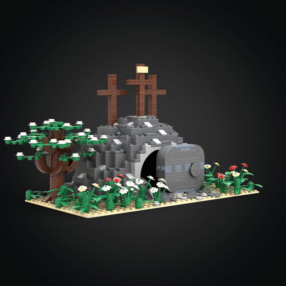 Finished empty tomb building block scene from front angle