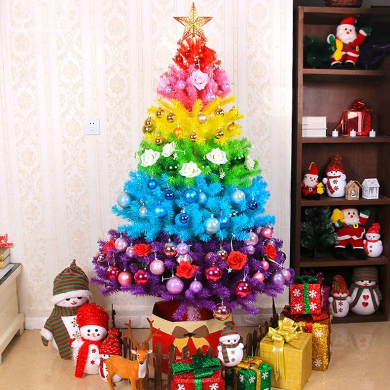 Rainbow gradient Christmas tree with gift boxes nearby