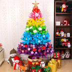 Rainbow gradient Christmas tree with gift boxes nearby