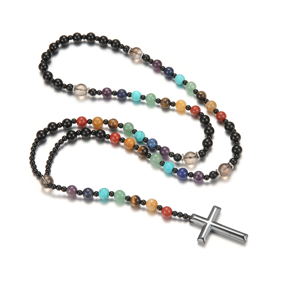 Handmade multicolored stone cross pendant on rosary beads