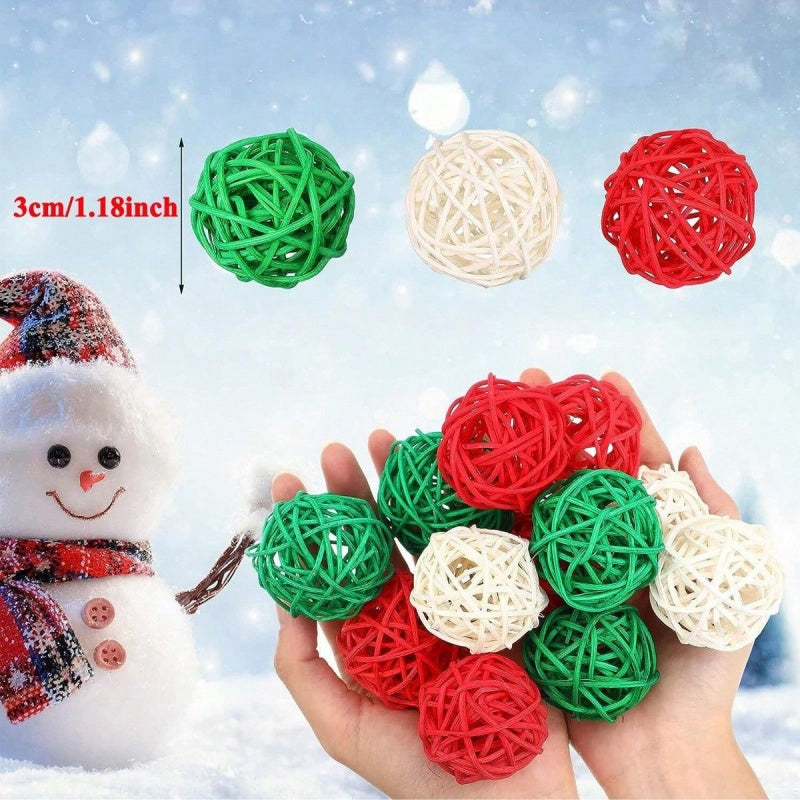 Christmas table centerpiece featuring rattan balls in a decorative vase with pine branches