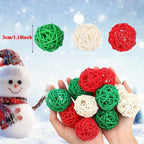 Christmas table centerpiece featuring rattan balls in a decorative vase with pine branches