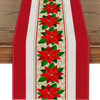 Festive Christmas table runner on decorated table with ornaments and candles