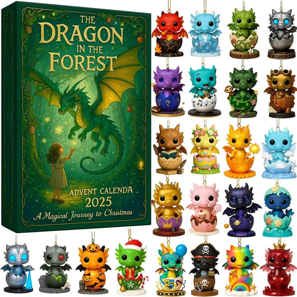Forest Dragon Advent Calendar grouped with other Christmas decorations including wreaths and string lights