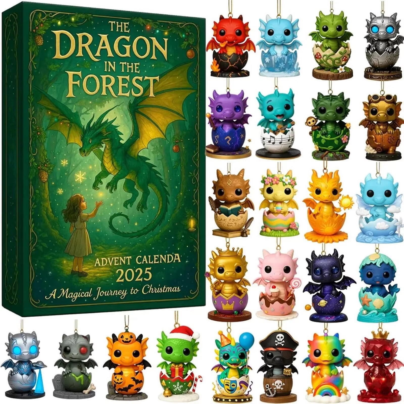 Forest Dragon Advent Calendar grouped with other Christmas decorations including wreaths and string lights