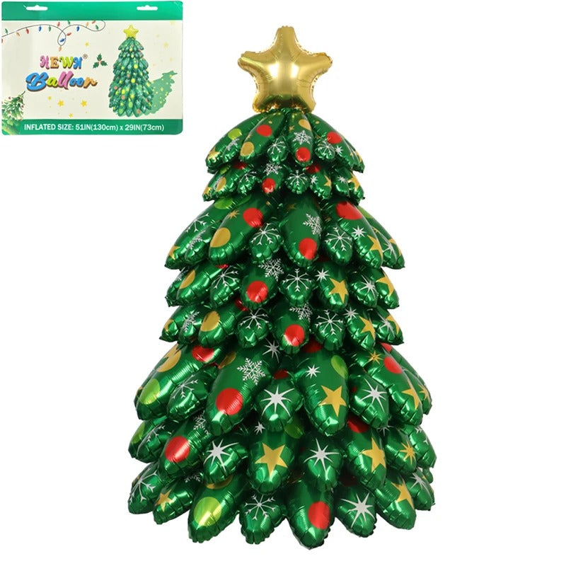 Festive balloon column featuring cartoon Christmas tree design for holiday celebrations