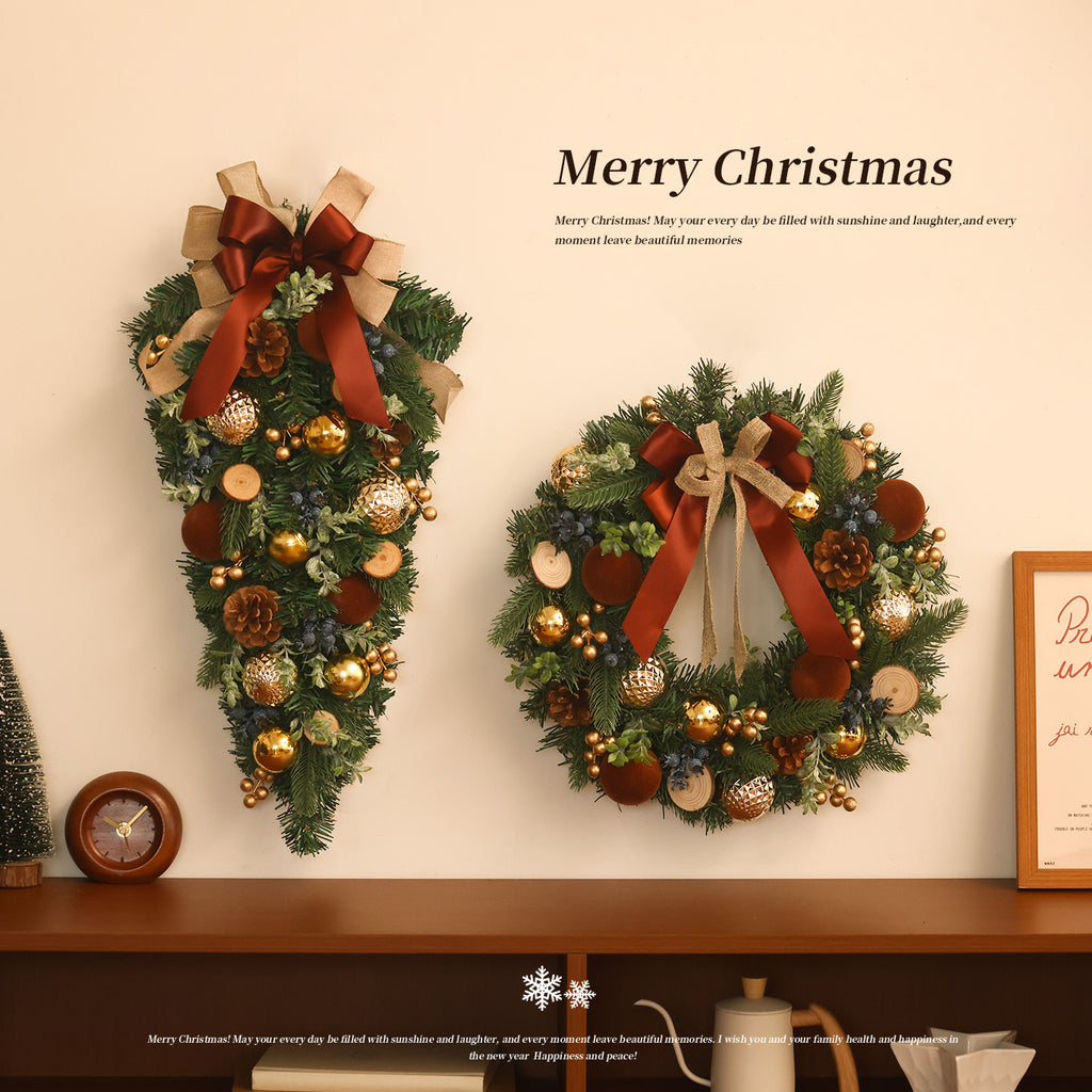 Illuminated Christmas wreath door hanging with gentle light for entryway