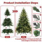 Green Christmas tree with lights and decorative presents underneath